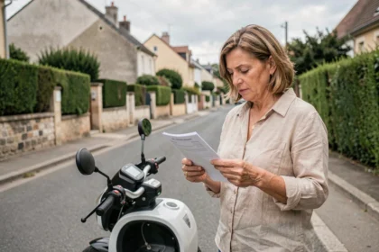 Femme consultant des documents d'assurance auto à côté d'une voiture sans permis dans une rue résidentielle française