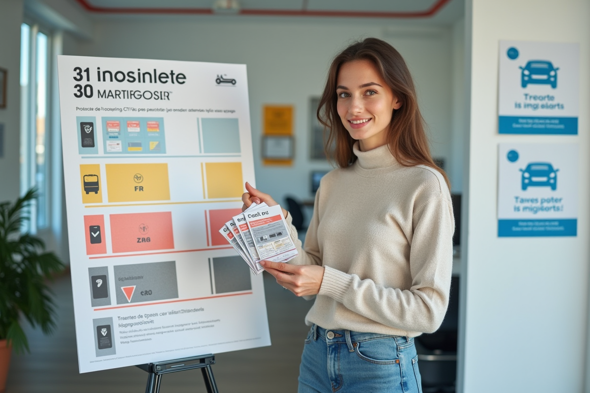 Jeune femme tenant vignettes Crit Air devant un tableau