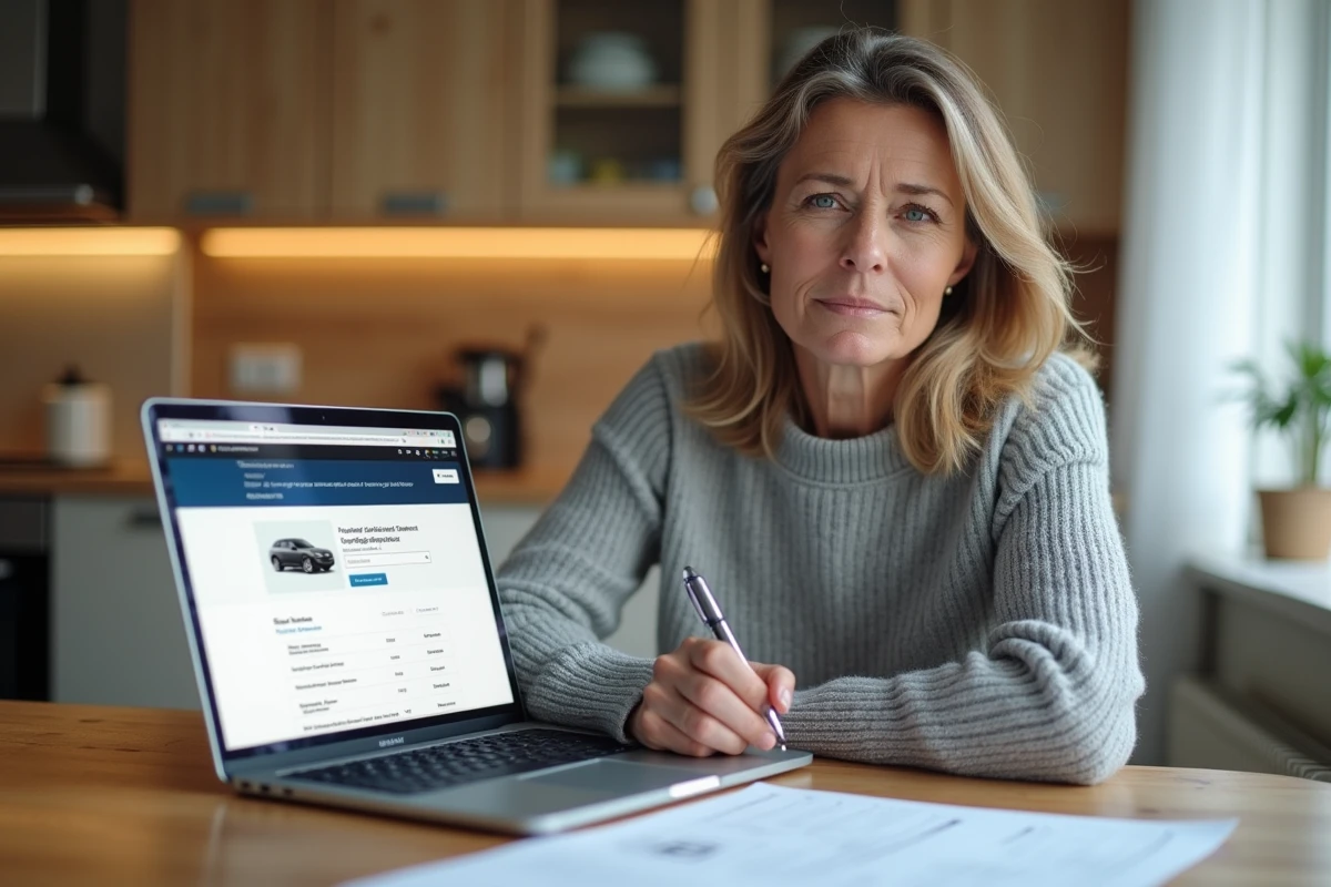 Femme calculant le prix d'une carte grise depuis son domicile sur un ordinateur portable