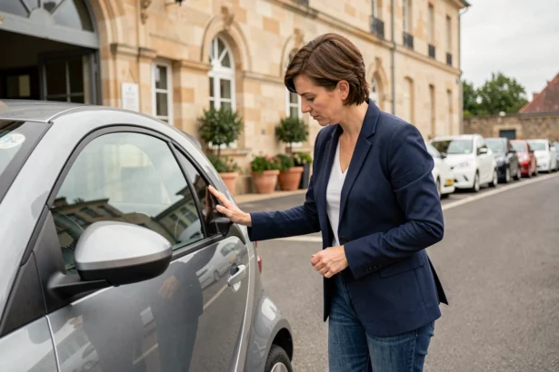 Femme examinant une voiture sans permis dans une concession automobile à Nancy