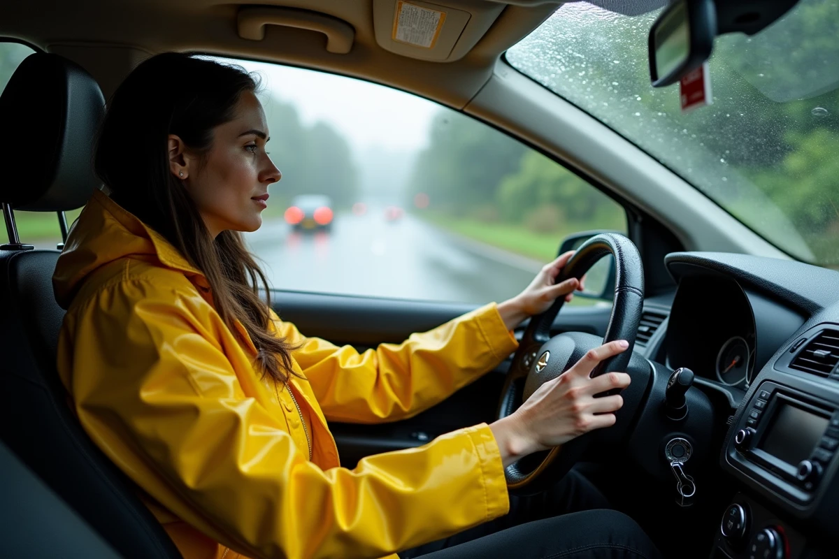 Femme en voiture regardant dans le r&eacute;troviseur sous la pluie