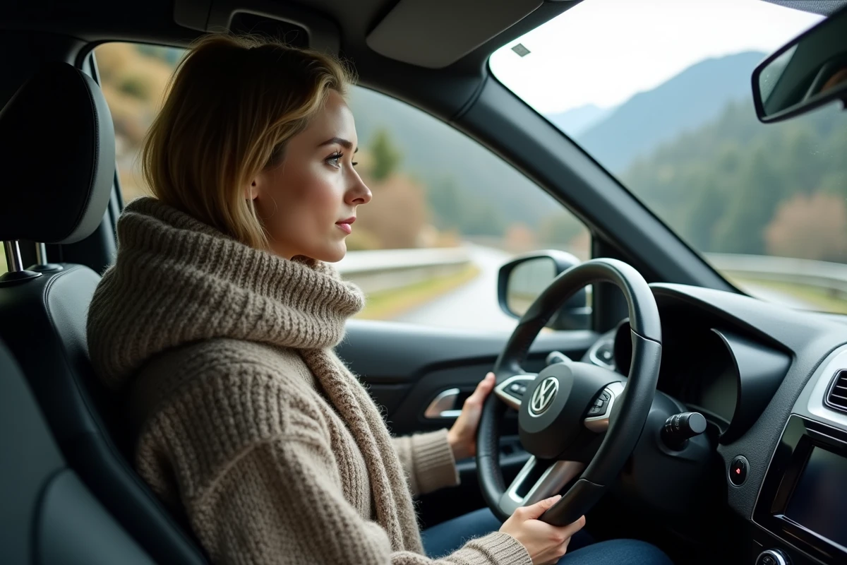Jeune femme conduit une voiture en montagne