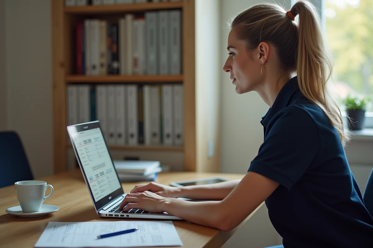 Femme consultant une grille de tarifs d'un stage de pilotage sur circuit depuis un ordinateur portable