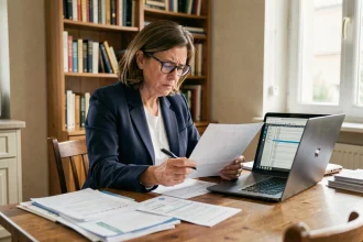 Femme contestant des frais de gardiennage abusifs après sinistre en examinant des documents d'assurance à son bureau