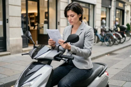 Femme examinant son contrat d'assurance scooter assise sur son deux-roues en ville
