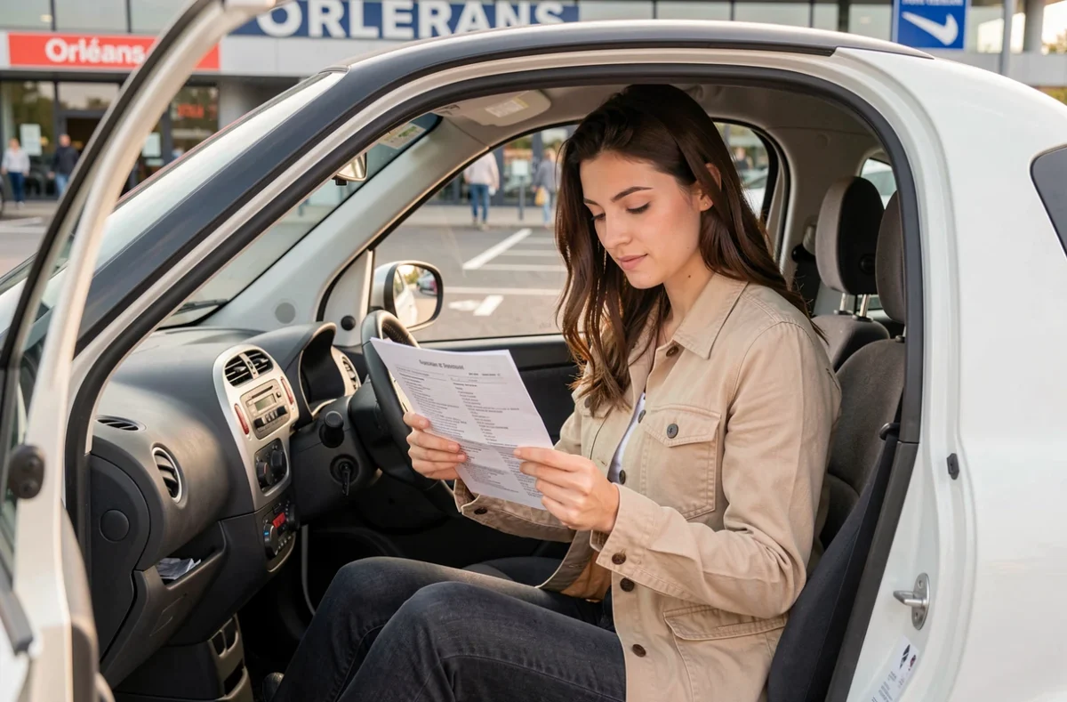 Femme consultant un contrat de location d'une voiture sans permis à Orléans