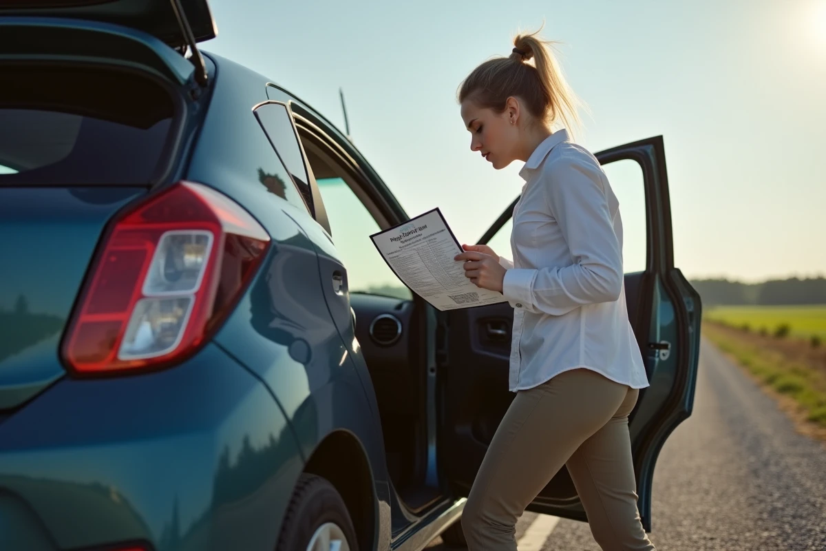 Jeune femme utilisant un graphique de pression des pneus &agrave; c&ocirc;t&eacute; d