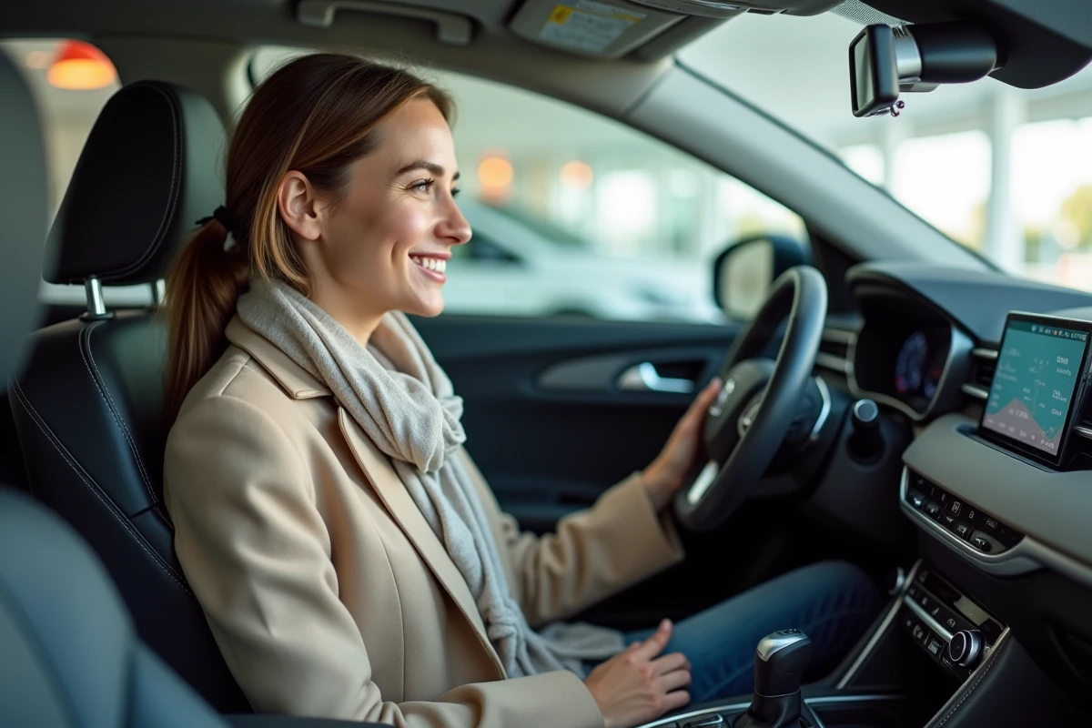 Femme examine tableau de bord dans un showroom automobile