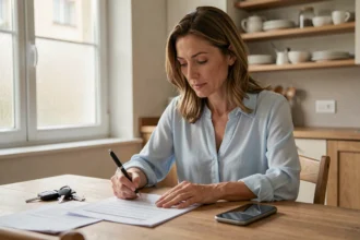 Femme consultant des documents d'assurance auto à la maison, illustrant le changement d'assurance avec la loi Hamon