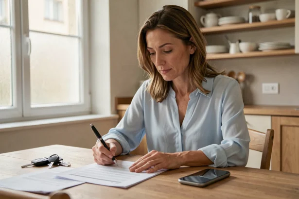 Femme consultant des documents d'assurance auto à la maison, illustrant le changement d'assurance avec la loi Hamon
