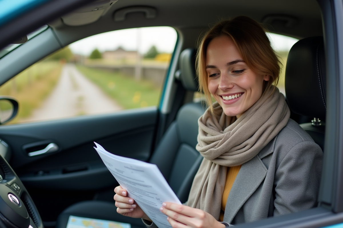 Jeune femme vérifiant ses papiers dans sa voiture