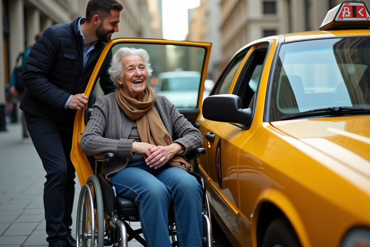 Femme en fauteuil entrant dans un taxi jaune avec chauffeur