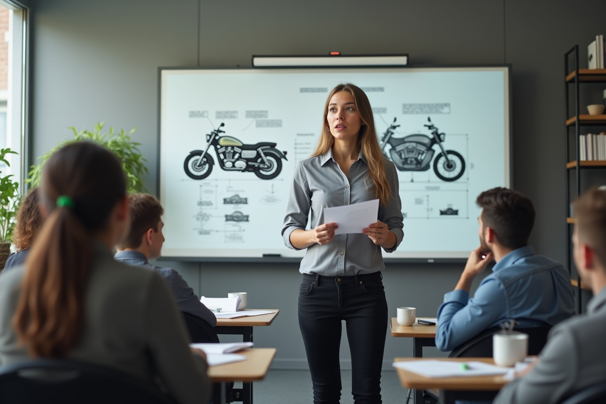 Jeune femme explique un diagramme de transmission moto en classe