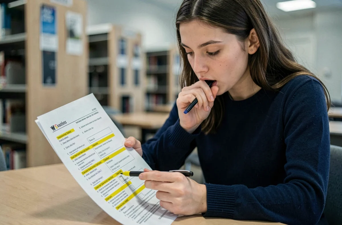 Jeune femme étudiant des fiches de révision du code de la route corrigées dans une bibliothèque