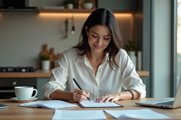 Femme remplissant un formulaire dans une cuisine moderne