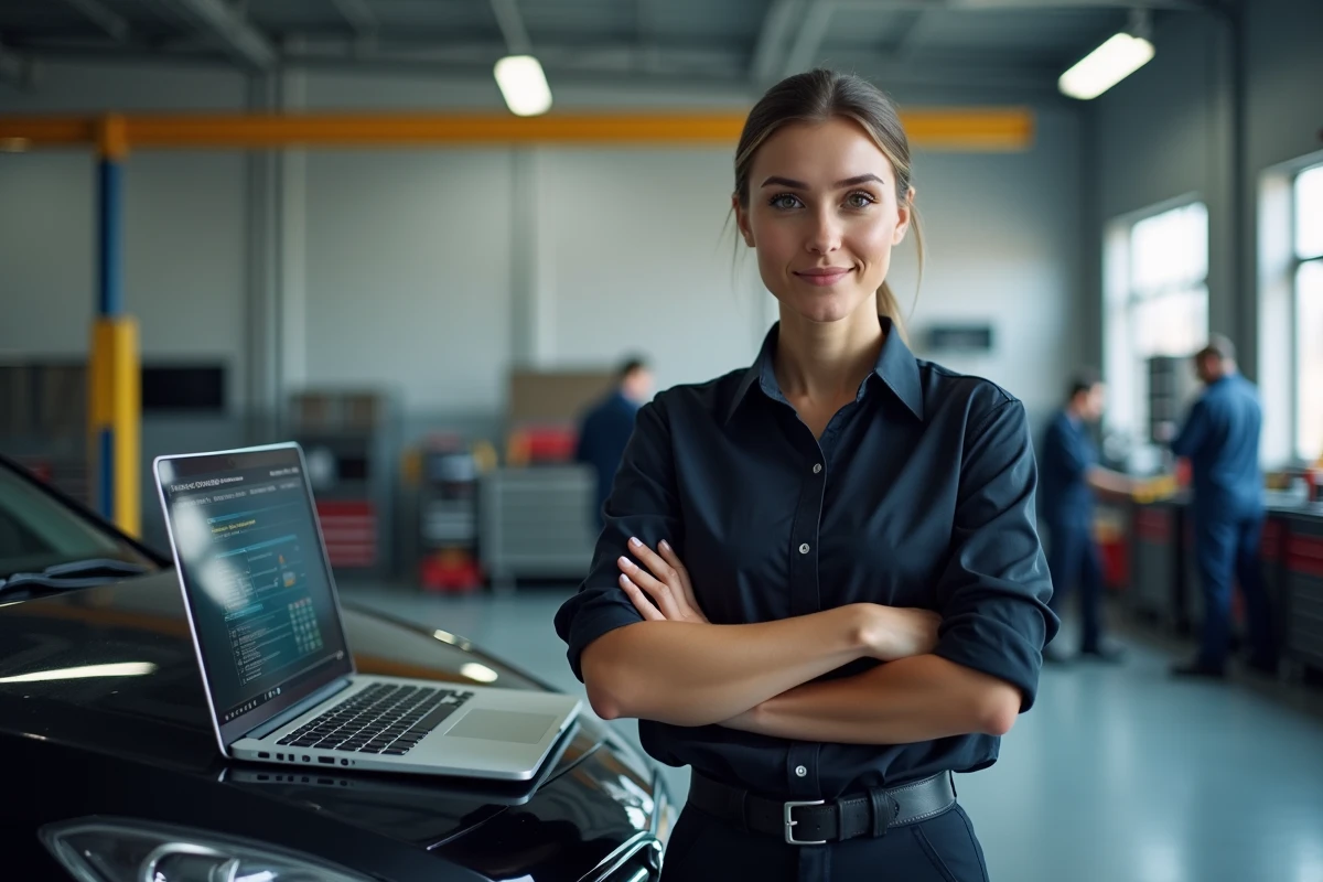 Jeune femme gestionnaire de garage avec voiture