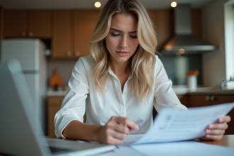 Jeune femme examine ses reçus de voiture à la maison