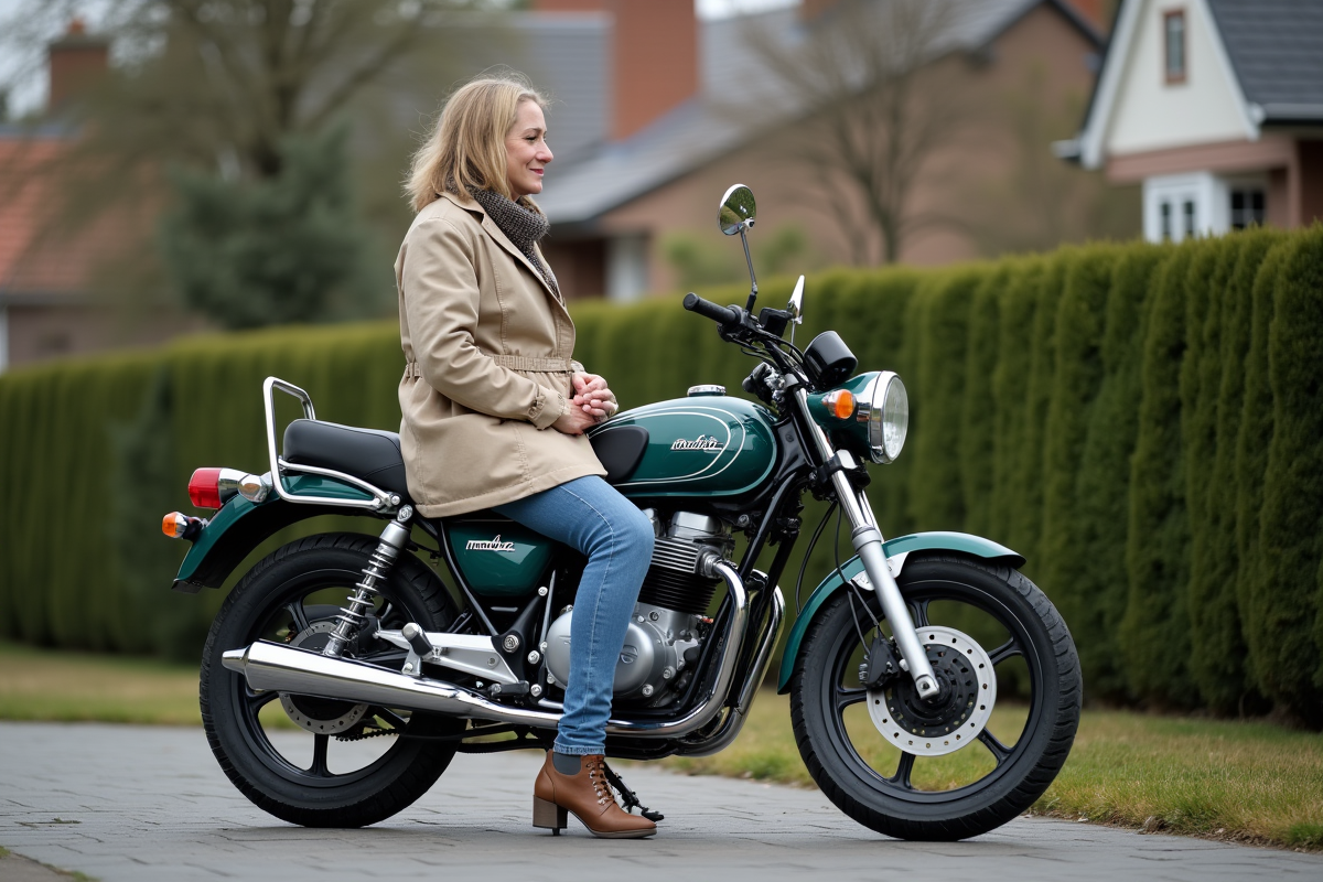 Femme inspectant une moto Dax 125 dans une rue résidentielle
