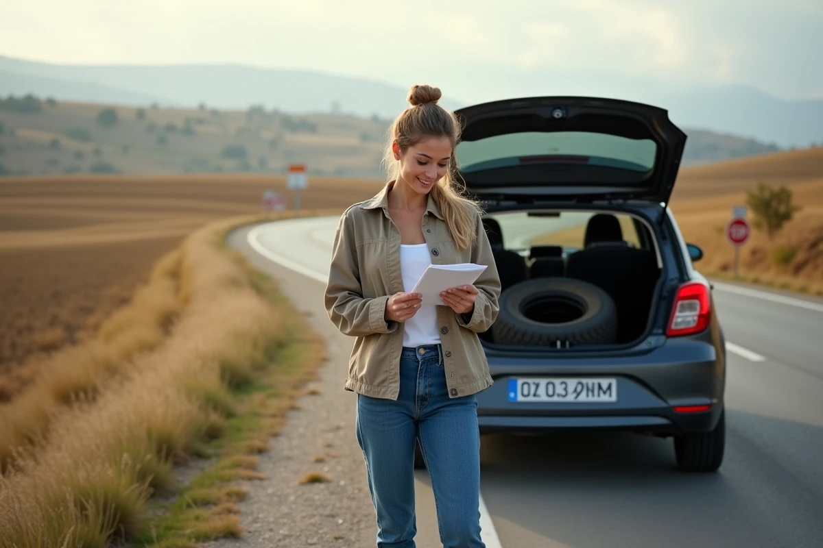 Femme inspectant la roue de secours de sa voiture en campagne
