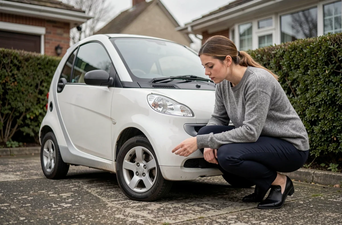 Une femme inspecte de près la carrosserie d'une voiture sans permis chez un particulier dans une allée privée