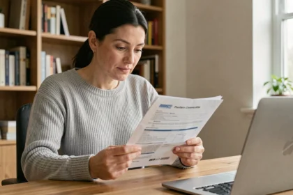 Femme lisant attentivement son relevé d'information d'assurance auto à son bureau à domicile