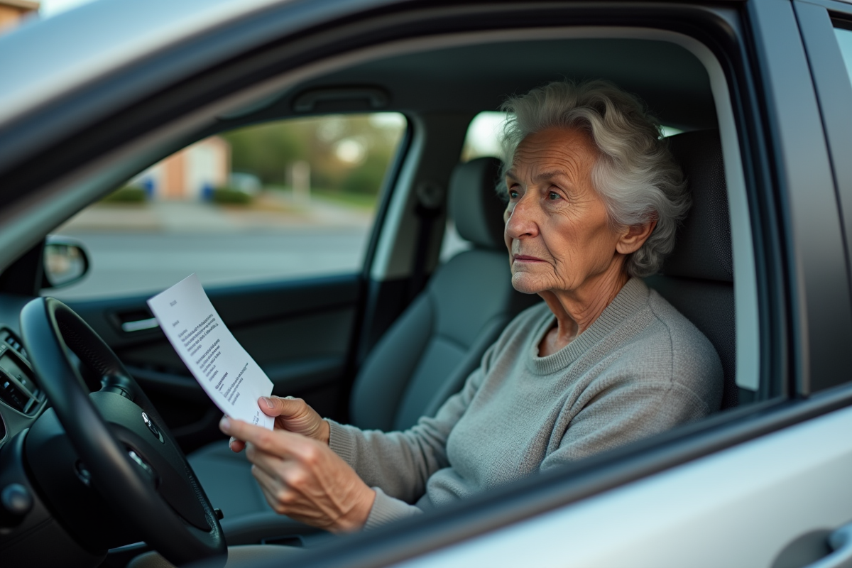 Femme âgée lisant une lettre médicale dans sa voiture