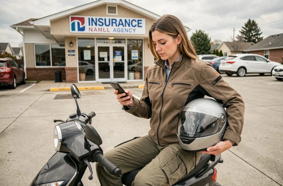 Femme motarde comparant des offres d'assurance moto au tiers sur smartphone devant une agence