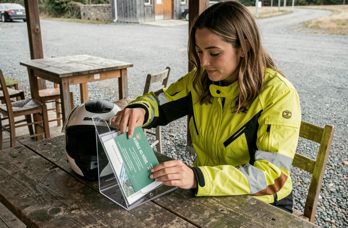 Femme motarde insérant sa carte verte dans un porte-assurance moto transparent sur une terrasse de café