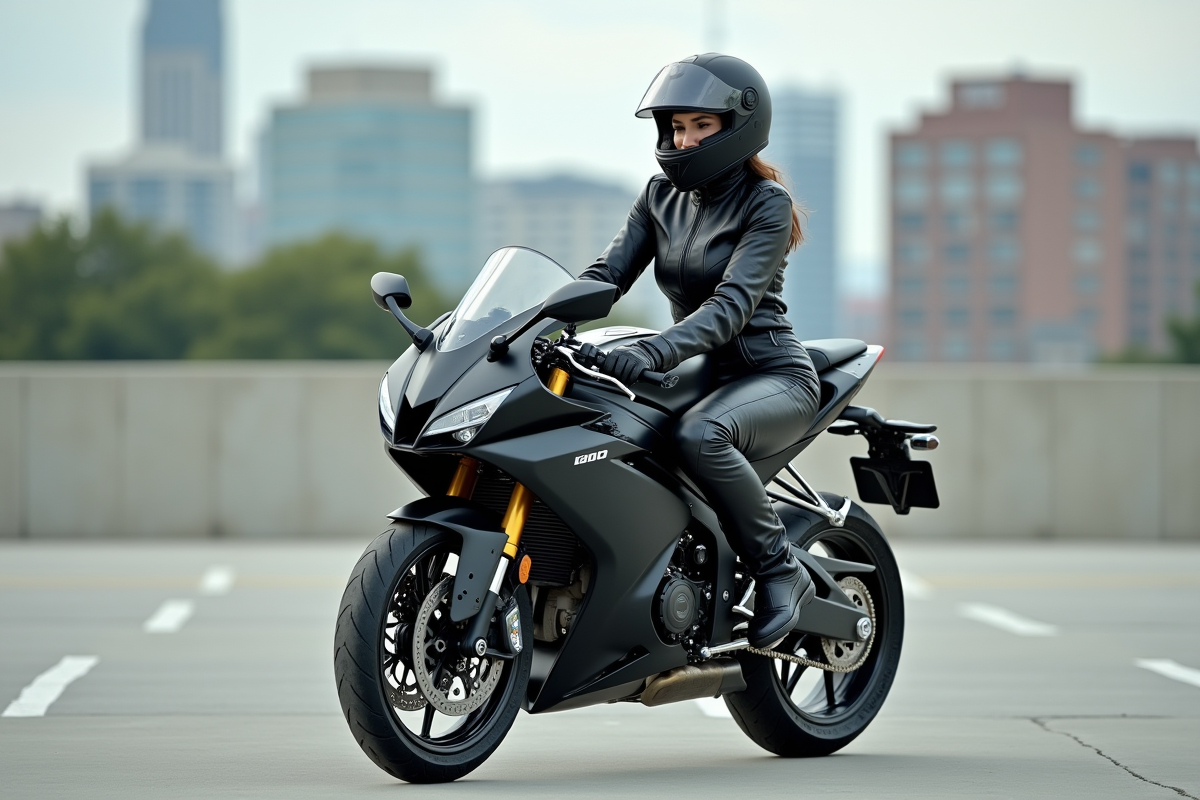 Femme en moto en pause dans un parking urbain