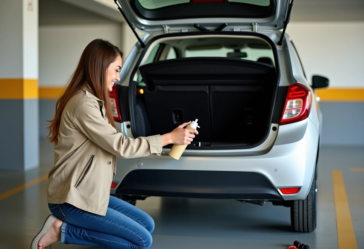 Jeune femme nettoyant un filtre d air dans un parking intérieur