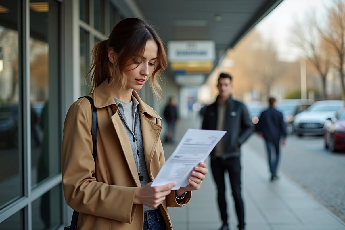 Femme au bureau de carte grise examinant son document