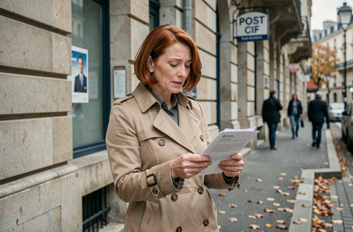 Femme ouvrant un courrier contenant son relevé d'information d'assurance automobile devant la poste