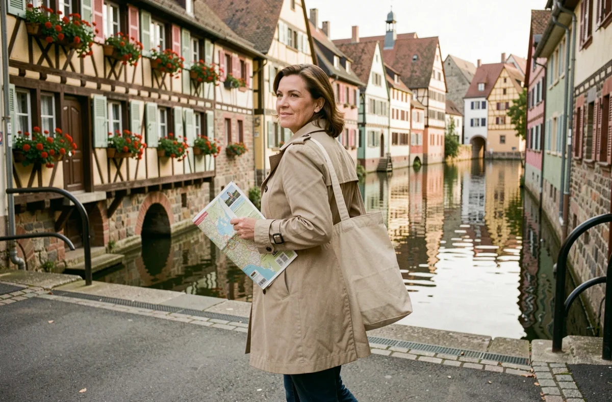 Femme se rendant à pied depuis un parking vers le quartier de la Petite Venise à Colmar