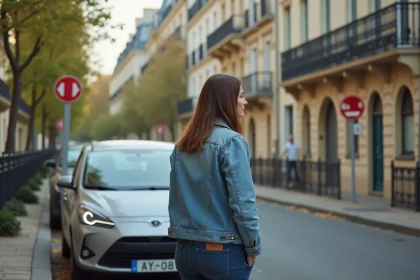 Femme v&eacute;rifiant les panneaux de stationnement &agrave; Versailles