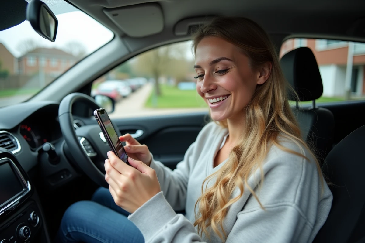 Femme prenant en photo le code radio dans la voiture