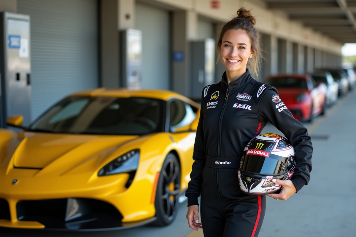 Femme pilote en combinaison de course debout devant une voiture de sport jaune dans le paddock d'un circuit automobile