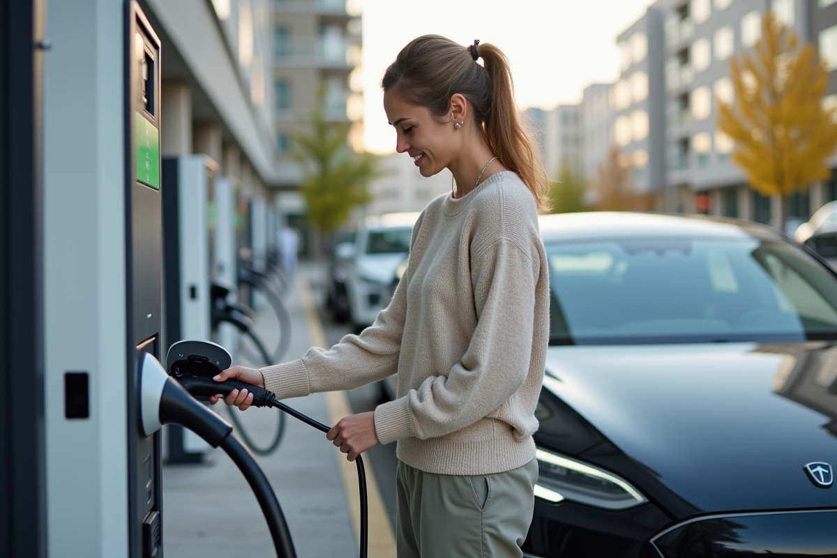 Jeune femme rechargeant sa voiture électrique dans un parking urbain