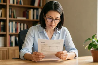 Femme consultant son relevé d'information assurance auto à son bureau à domicile