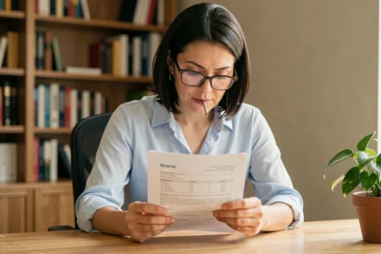 Femme consultant son relevé d'information assurance auto à son bureau à domicile