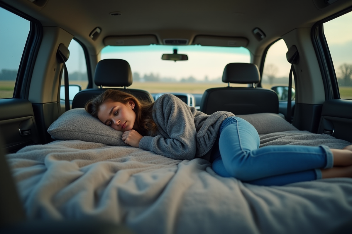 Jeune femme se réveillant dans un minivan en pleine nature