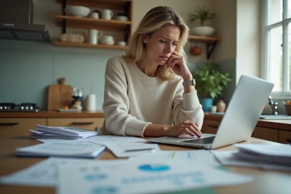 Femme d'&acirc;ge moyen examine des papiers dans sa cuisine moderne