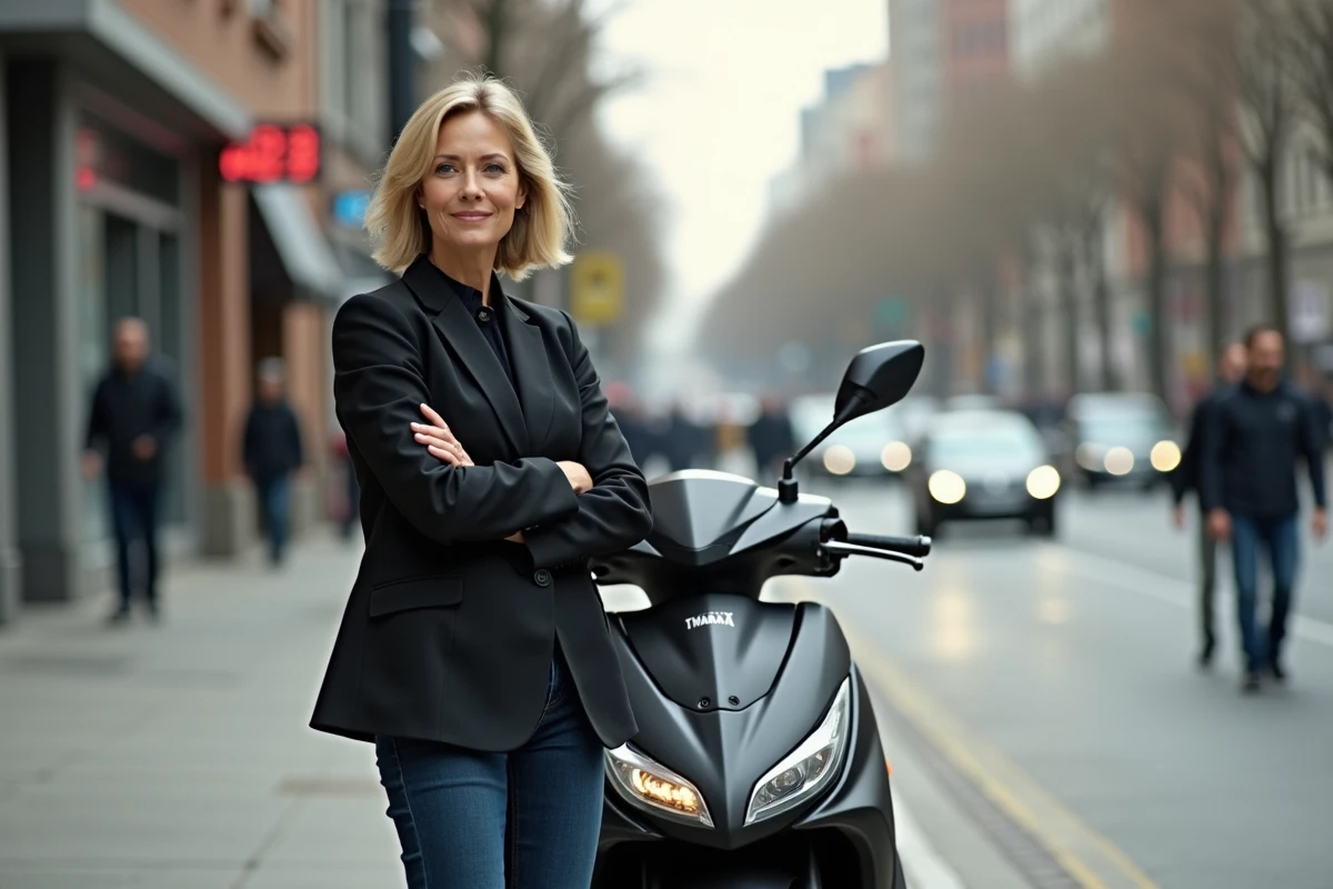 Femme confiante avec scooter Yamaha TMAX 2026 en ville