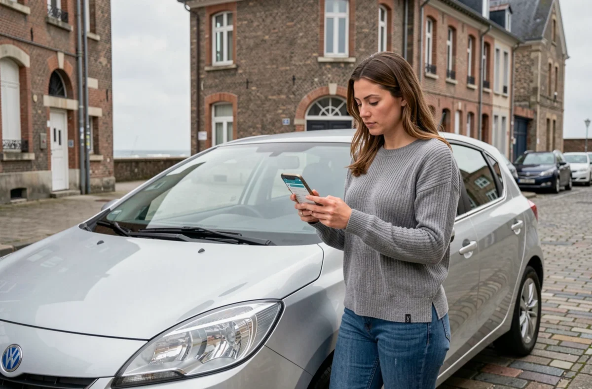 Une femme consulte une application de comparaison d'assurance auto sur smartphone à côté de sa voiture dans une rue de Dunkerque