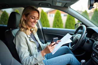 Femme souriante dans sa voiture en extérieur