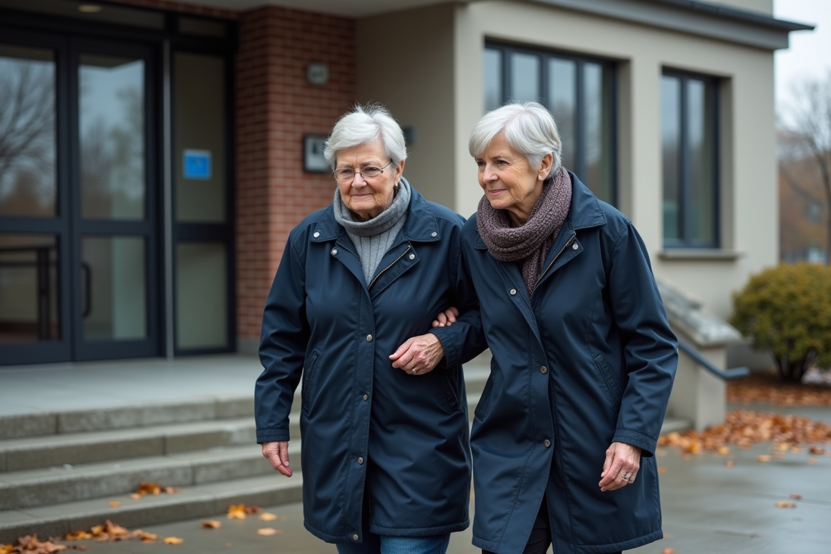 Femme aidant sa mère à sortir d