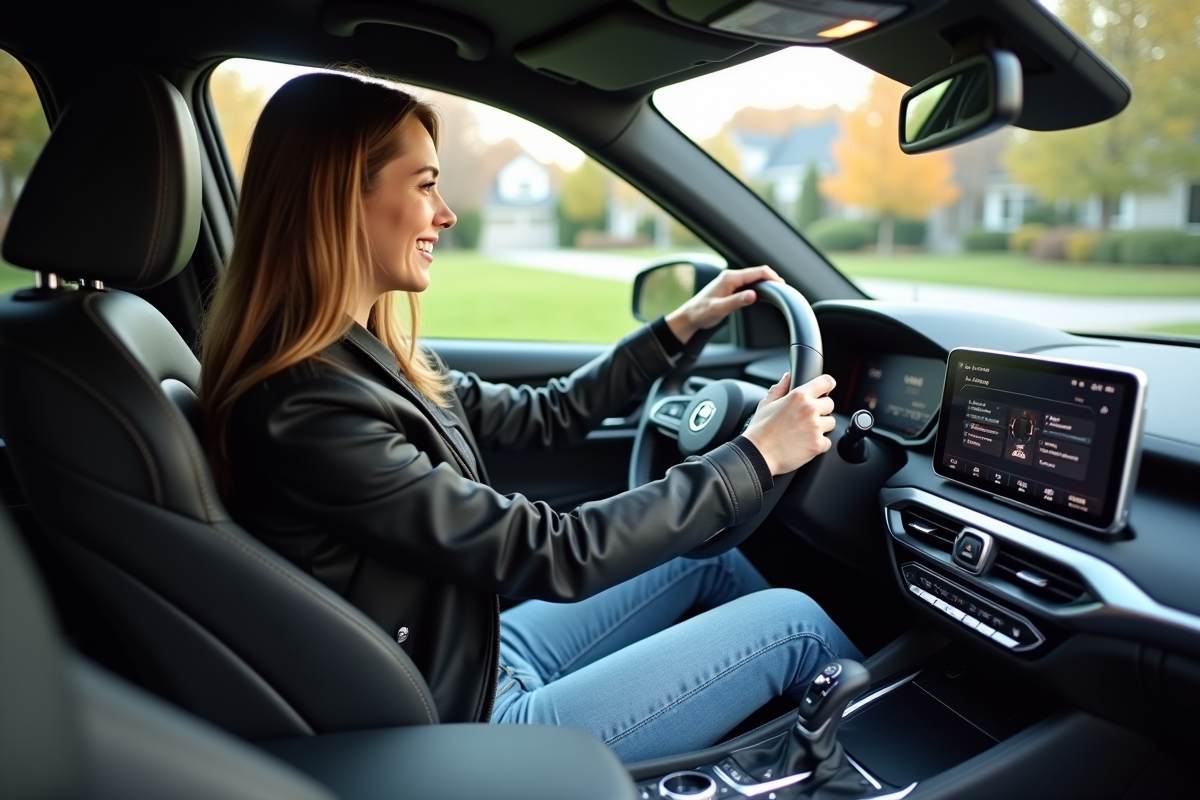 Jeune femme dans l SUV moderne et intérieur élégant