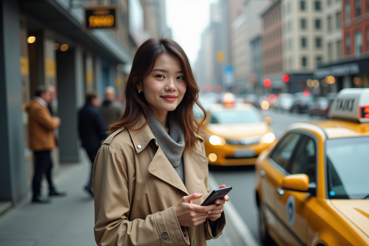 Jeune femme attendant à un arrêt de taxis urbain