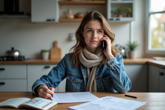 Jeune femme au téléphone avec documents officiels