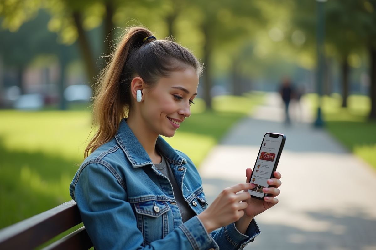 Femme urbaine dans un parc utilisant son smartphone