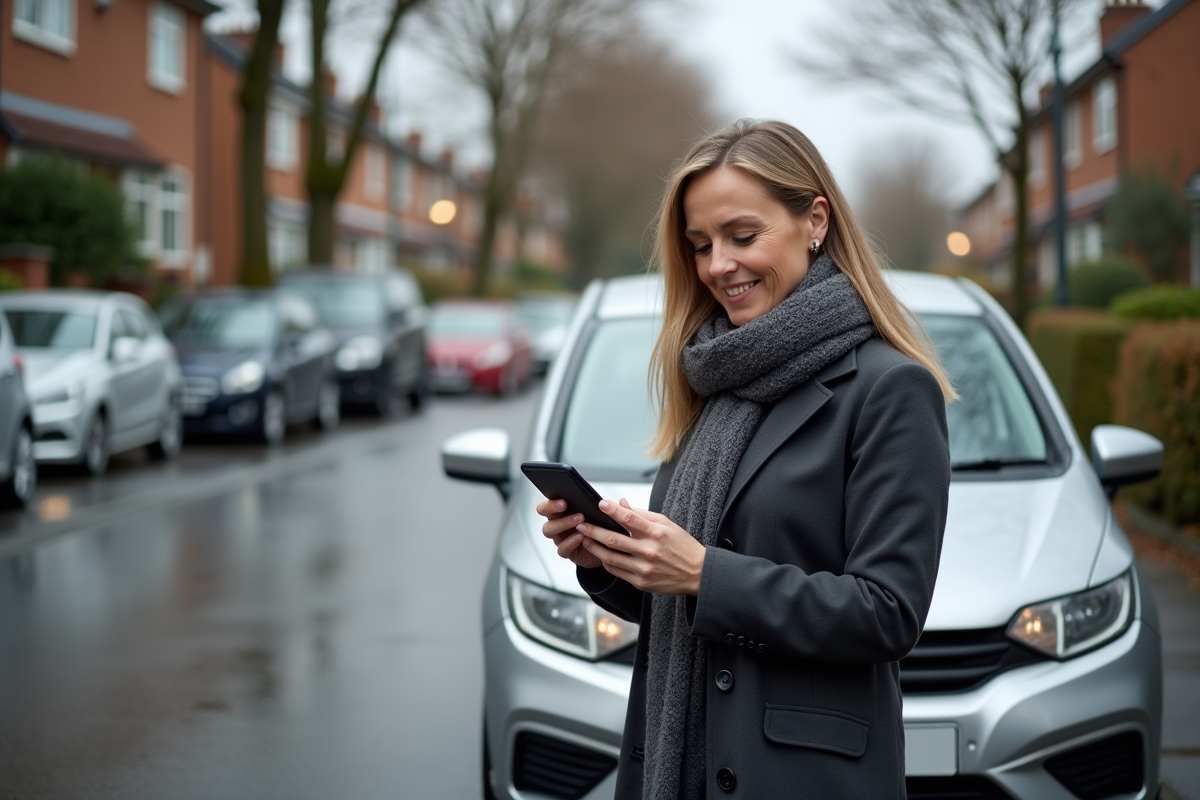 Femme vérifiant son assurance auto sur smartphone devant sa voiture